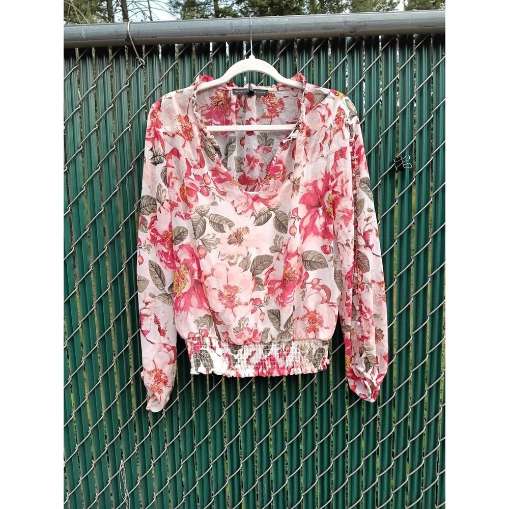 White House Black Market Women's Long Sleeve Floral Print Chiffon Blouse